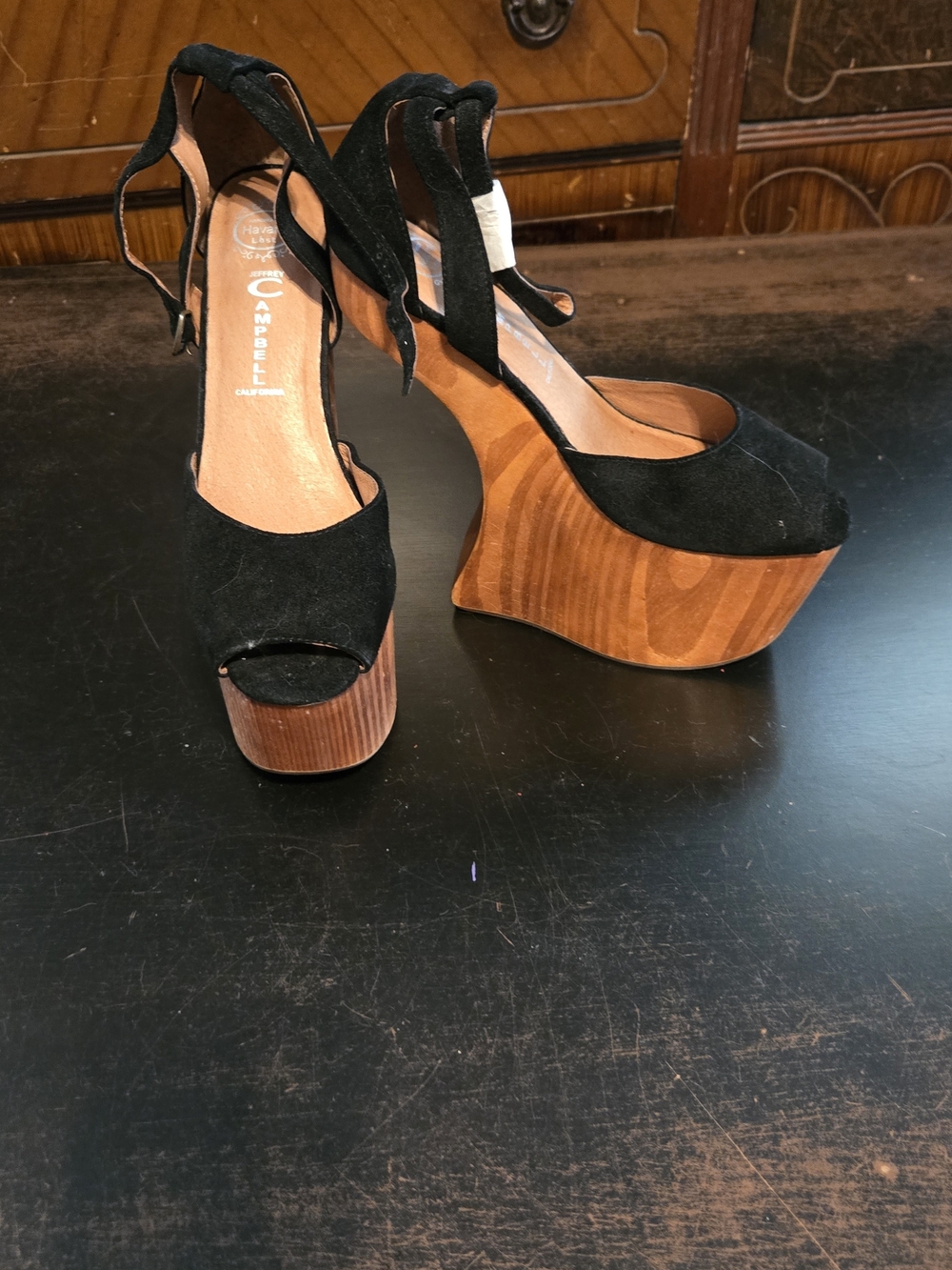 Jeffery Campbell Black Suede Platform Sandals with Wood Invisible Wedge Size 9